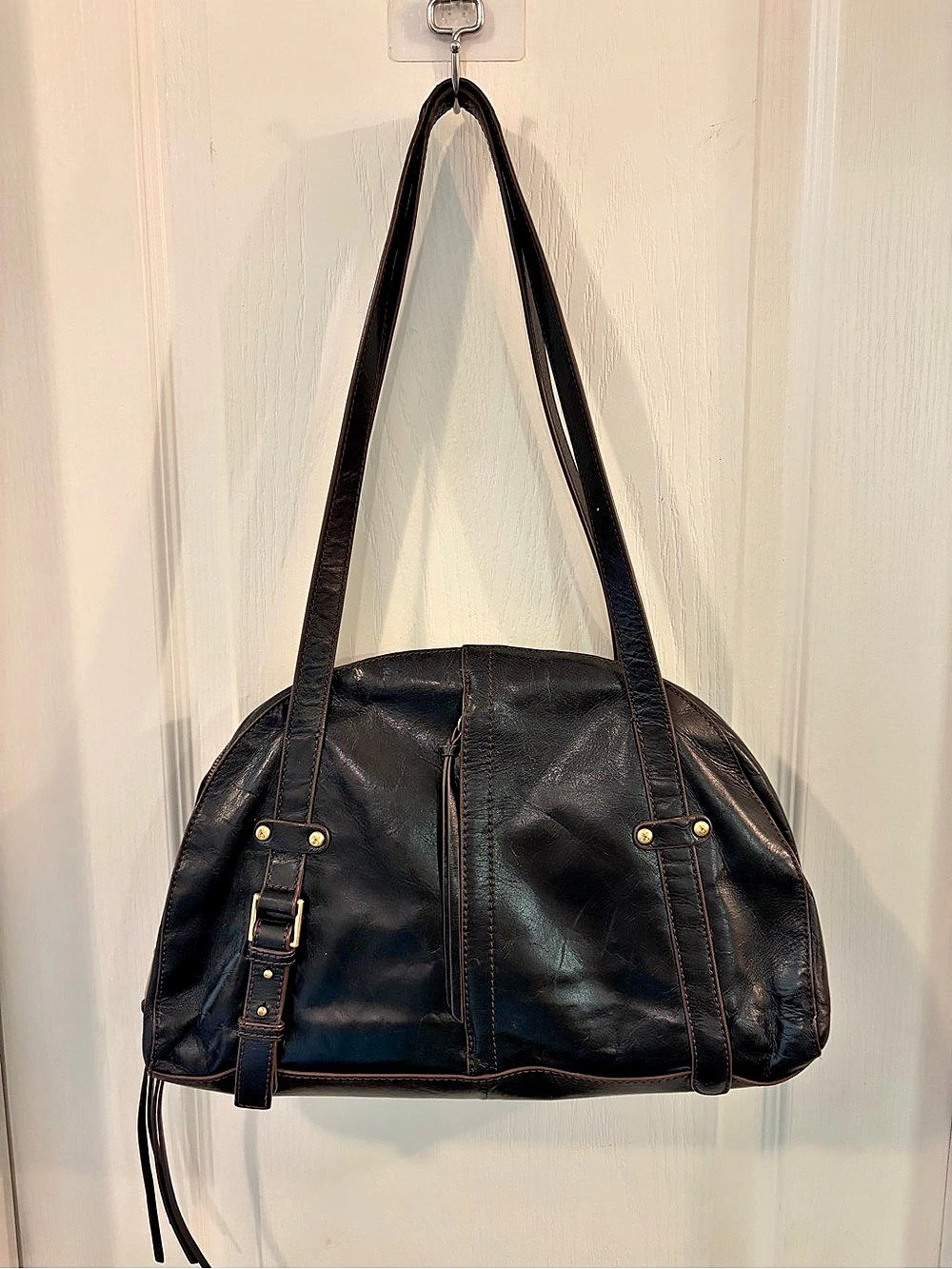 HOBO Black Polished Leather Barrel Shoulder Bag Slouchy Satchel EUC